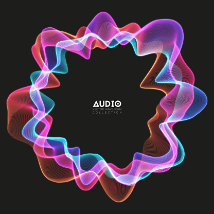 Vector 3d echo audio circular wavefrom spectrum. Abstract music waves oscillation graph. Futuristic sound wave visualization. Colorful glowing impulse pattern. Synthetic music technology sample.