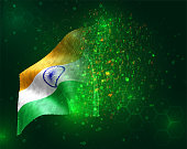 India, vector 3d flag on green background with polygons and data numbers