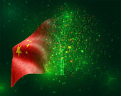 China, vector 3d flag on green background with polygons and data numbers
