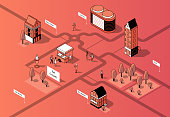 Vector isometric city center. Square with eco market, cinema, houses, park with ice cream cart. District with sidewalk and people between buildings in orange colors. Urban concept, scheme of town.