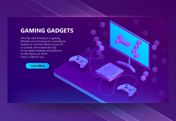 Vector 3d isometric gaming site, electronic devices Vector 3d isometric template for site construction. Portal background with button, violet game console, joysticks. Ultraviolet gamepad, retro 8-bit technology. Electronic devices video game illustrations stock illustrations