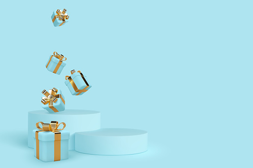 Vector 3d podium scene with falling gift boxes. Mockup for product presentation with copy space. Winner pedestal in studio, blue minimal background for seasonal discounts or holidays.