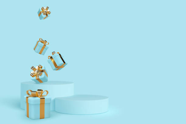Vector 3d podium scene. Vector 3d podium scene with falling gift boxes. Mockup for product presentation with copy space. Winner pedestal in studio, blue minimal background for seasonal discounts or holidays. shopping backgrounds stock illustrations