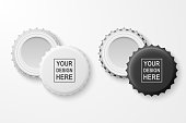 Vector 3d Realistic Black and White Blank Beer Bottle Cap Set Closeup Isolated on White Background. Design Template for Mock up, Package, Advertising. Top and Bottom View.