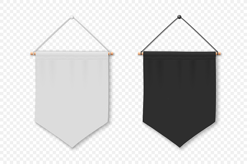 Vector 3d Realistic Blank White and Black Pennant Wall Hanging, Design Template, Mockup. Pennant Closeup Isolated. Empty Fabric Flag, Advertising Canvas Banners. Pennants Set