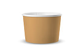 Vector 3d Realistic BrownTub Food Paper Plastic Container, Cup Isolated on White Background. Dessert, Yogurt, Ice Cream, Sour Cream, Snack. Design Template of Product Packing, Mockup. Front View.