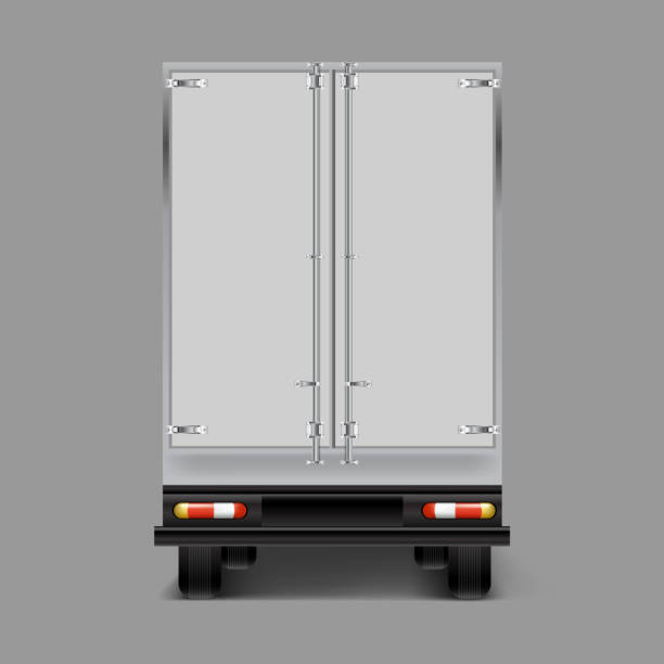 Vector 3d realistic cargo truck back view Vector 3d realistic icon of cargo truck, trailer back view, with a shadow isolated on gray background. Mock up, template for truck brand design, company style, identity semi truck back stock illustrations