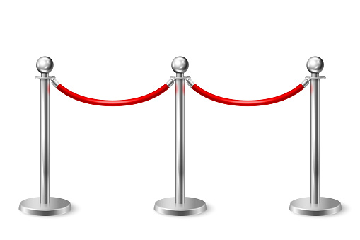 Vector 3d Realistic Fence for the Red Carpet Closeup Isolated on White Background. Red Barrier Rope. Silver pole. Front View. Luxury, VIP concept. Equipment for Events