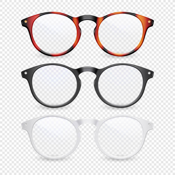 벡터 3d 사실적인 플라스틱 브라운 레오파드, 블랙, 화이트 테두리 눈 안경 은 투명 한 배경에 격리. 여성, 남성, 남녀 공용 액세서리. 광학, 건강 개념. 디자인 템플릿, 모형 - 안경 stock illustrations