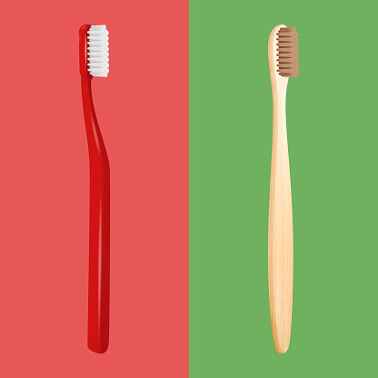 Vector 3d Realistic Red Plastic and Wooden Brown Bamboo Blank Toothbrush Se. Design Template, Mockup. Dentistry, Healthcare, Hygiene, Choice, Ecology Concept. Tooth Brush in Front, Top, Side View