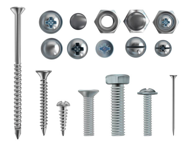 Vector 3d realistic steel bolts, nails, screws Vector 3d realistic illustration of stainless steel bolts, nails and screws on white background. Top and side view of industrial chrome hardware, different heads with nuts and washers nail work tool stock illustrations