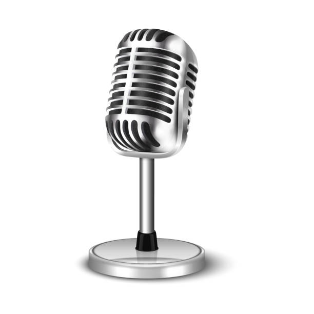 vektor 3d realistische stahl retro konzert vocal mikrofon mit stand icon closeup isoliert auf weißem hintergrund. design-vorlage von vintage karaoke metall mic. frontansicht - mikrofon stock-grafiken, -clipart, -cartoons und -symbole