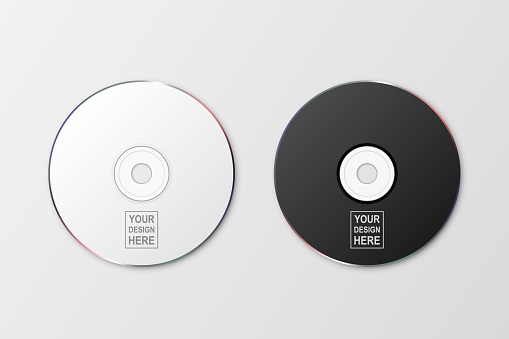 Vector 3d Realistic White and Black CD, DVD Closeup Isolated on White Background. Design Template for Mockup, Copy Space. Top View
