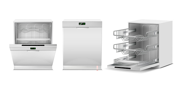 Vector 3d realistic white dishwasher with display