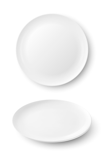 Vector 3d Realistic White Food Empty and Blank Porcelain Ceramic Plate Icon Set Closeup Isolated on White Background. Design Template, Mock up. Front and Top View.