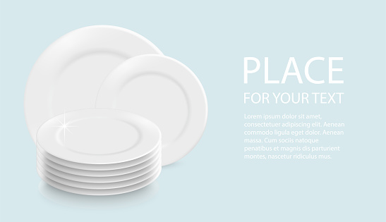 Vector 3d Realistic white plates in stacks, for food. The plates icon is isolated with text. Front view. Clean tableware design template.