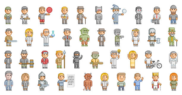Vector 8-bit pixel art people set Vector 8-bit pixel art people set for video game and design on white background. warrior person stock illustrations