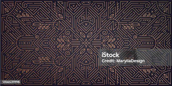 istock Vector abstract geometric golden background. Art deco wedding, party pattern, geometric ornament, linear style with leaves. Horizontal orientation luxury decoration element. 1356531998