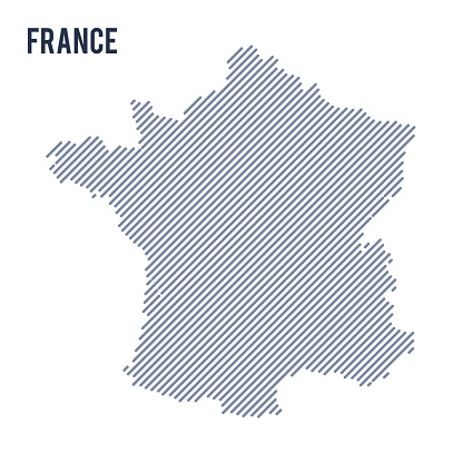 Vector abstract hatched map of France with oblique lines isolated on a white background.