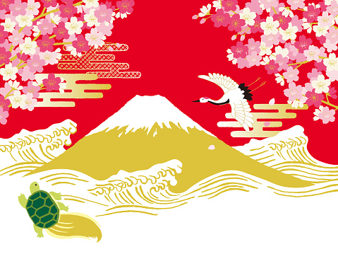 Vector abstract illustration of decorative Japan cherry blossom tree and famous mountain Fuji. Sakura, Fujiyama, night sky background.