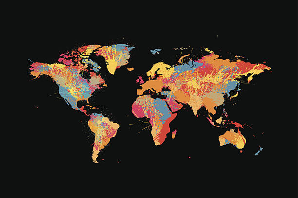 wektor streszczenie atrament opryskanym mapa świata wyizolowane na czarnym - south africa stock illustrations