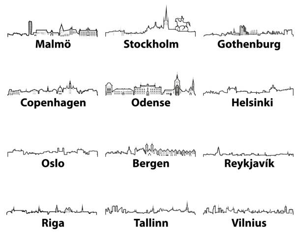 ilustrações de stock, clip art, desenhos animados e ícones de vector abstract outlines icons of north europe cities skylines - malmo