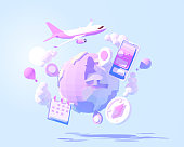 Vector airplane travel around the World illustration. International air travel around the planet. Global tourism. Online flight planning, buying or booking air flight tickets
