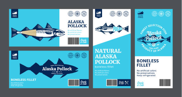 illustrations, cliparts, dessins animés et icônes de étiquettes vectorielles de goberge d’alaska et illustrations de poissons goberges - filet de poisson