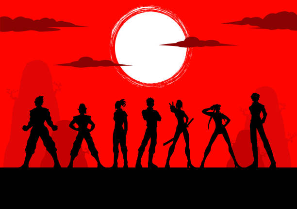 Vector Anime Manga Characters Team Silhouette A silhouette style illustration of a team of different anime or manga superheroes with mountains and moon in the background. warriors stock illustrations
