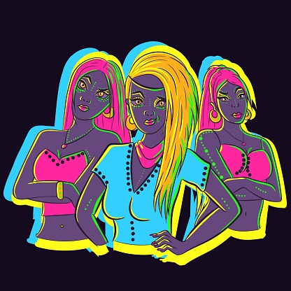Vector art of three confident women in a gang posing and standing under UV neon lights. A group of proud drag queen friends. Cartoon character bringing backup.