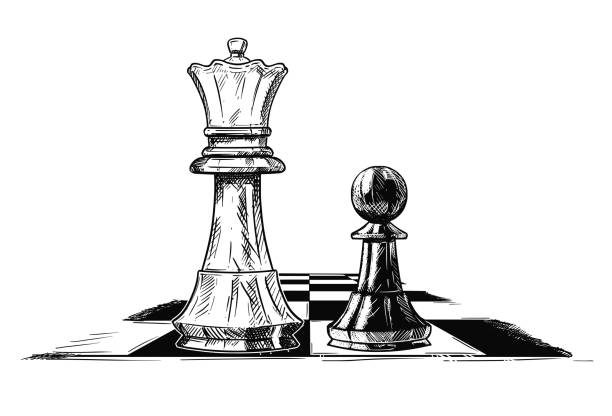 Vector Artistic Drawing Illustration of Chess King and Pawn Facing Each Other Vector artistic pen and ink drawing illustration of chess king and pawn facing each other. Business concept of competition and strategy. chess drawings stock illustrations