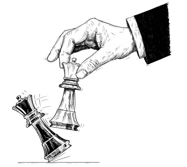 Vector Artistic Drawing Illustration of Hand Holding Chess King and Knocking Down Checkmate Vector artistic pen and ink drawing illustration of hand holding chess white king figure and knocking down the black king. Business concept of checkmate strategy and game. chess drawings stock illustrations