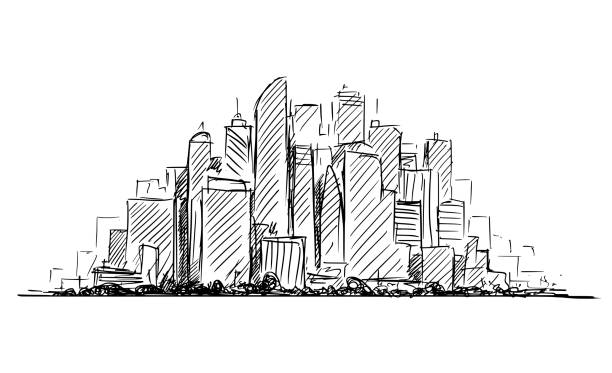 Vector Artistic Drawing Sketch of Generic City High Rise Cityscape Landscape with Skyscraper Buildings Vector artistic sketchy pen and ink drawing illustration or sketch of generic city high rise cityscape landscape with skyscraper buildings. city drawings stock illustrations