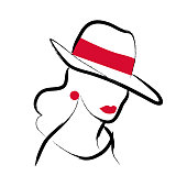 Vector artistic hand drawn stylish young lady portrait isolated on white background. Fashion girl model icon. Woman in hat. Beauty illustration, icon design. Fashion poster, placard, banner.