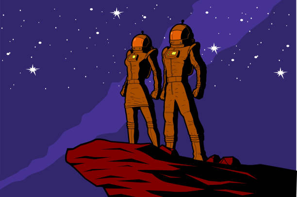 Vector Astronaut Couple Retro Poster Illustration A retro style illustration of a couple of astronaut standing on a rock with stars in the background. Wide space available for your copy. copy space illustrations stock illustrations