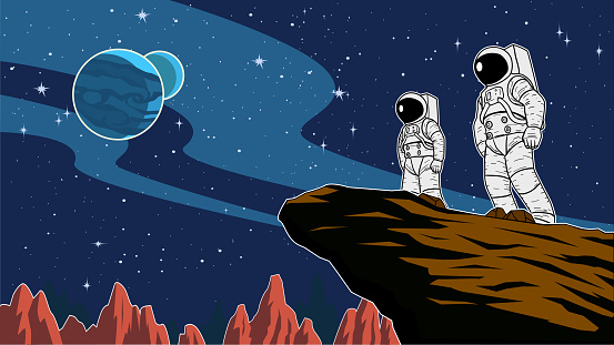 A cartoon style vector illustration of a team of astronauts standing on a cliff on a distant planet with outer space in the background. Wide space available for your copy.
