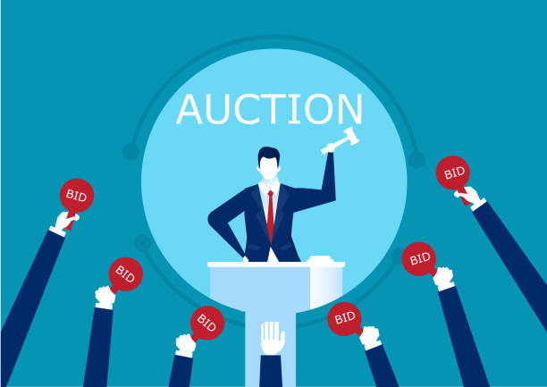 vector auctioneer hold gavel in hand. Buyers competitive raising arm holding bid paddles with numbers of price.  illustration vector art illustration