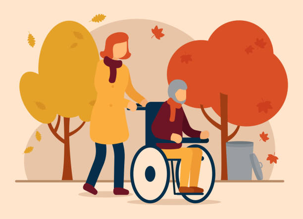 ilustrações de stock, clip art, desenhos animados e ícones de vector autumn concept. the girl walks with her dad, who is sitting in a wheelchair. autumn, colorful, beautiful park. autumn walks with relatives. can be used for website and web banner. - wheelchair street happy