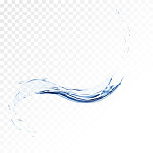 Abstract vector background, blue transparent water wave for brochure, website, flyer design. realistic aqua spray with drops. 3d illustration. semitransparent liquid surface created by gradient mesh. Blue water vector splash isolated on transparent background. realistic aqua spray with drops.