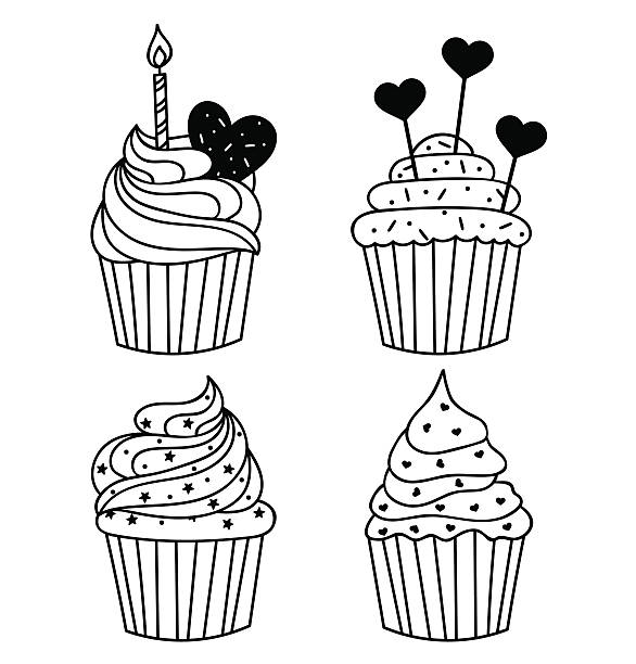 Vector background. Hand drawn cupcake with birthday candle. food illustration Vector monochrome background. Hand drawn cakes templates. Template for greeting card, postcard or adult coloring book. Sweet cupcake with birthday candle design backdrop. Cute food illustration. cupcakes coloring pages stock illustrations