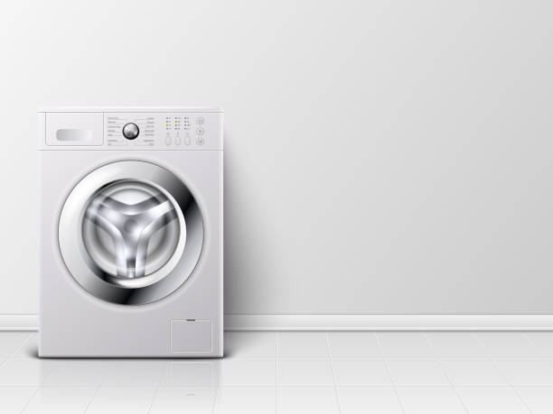 3dリアルな現代の白鋼洗濯機クローズアップとベクトル背景。背景。ワッチャーのデザインテンプレート。フロントビュー、ランドリーコンセプト - 洗濯機点のイラスト素材／クリップアート素材／マンガ素材／アイコン素材