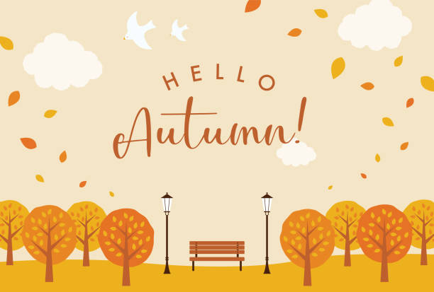 バナー、カード、チラシ、ソーシャルメディアの壁紙などのための公園で秋の風景とベクトルの背景 - fall点のイラスト素材／クリップアート素材／マンガ素材／アイコン素材