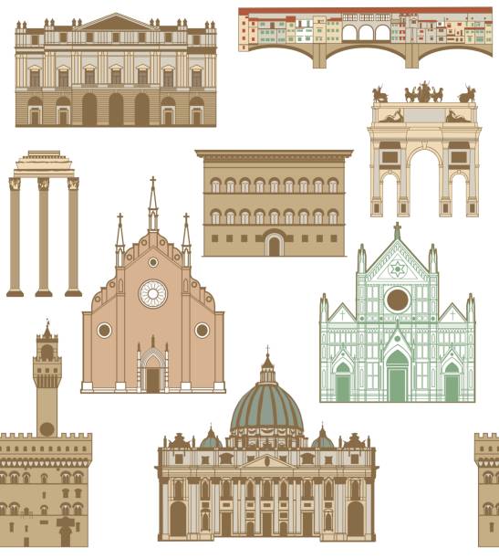 illustrazioni stock, clip art, cartoni animati e icone di tendenza di sfondo vettoriale con famosi monumenti italiani - firenze