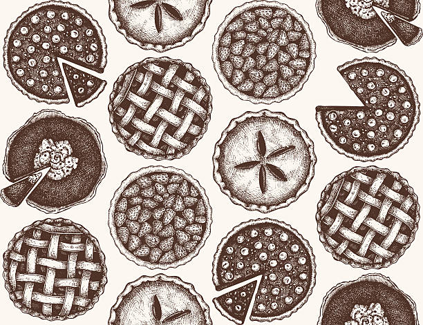 Vector background with  hand drawn fruit and berry baking illustration. Vintage seamless pattern with traditional cake, tart and pie sketch. Sweet bakery. Top view. sweet pie stock illustrations