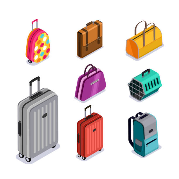 illustrations, cliparts, dessins animés et icônes de bagages de vecteur isolé icônes 3d isométrique. bagages multicouleur, valise, sacs, sac à dos, transport d’animaux. - bagage