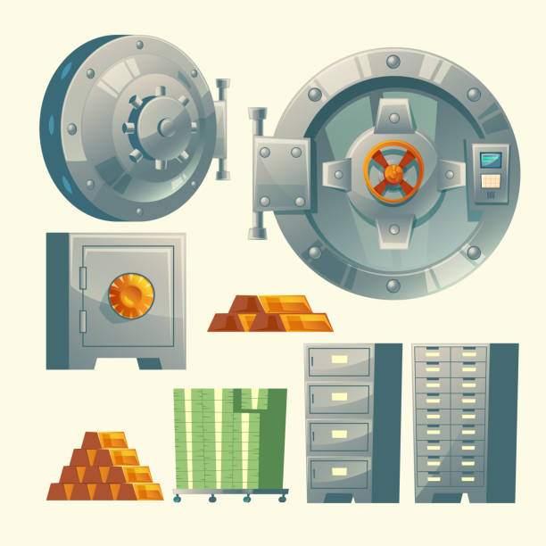ilustrações de stock, clip art, desenhos animados e ícones de vector bank vault, metallic iron safe door - cofre banco