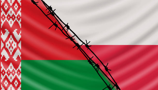 Vector banner design template with realistic flag of Poland and Belarus Poland - Belarus border crisis. Vector banner design template with realistic flags of Poland and Belarus, and barbed wire. belarus stock illustrations
