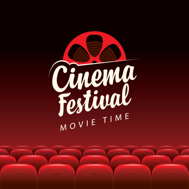 Vector banner for cinema festival, movie time Vector banner for retro cinema festival with calligraphic inscription and film strip reel. Cinema hall with big screen and red seats. Empty movie theatre. Poster design for concert, theater, event movie stock illustrations