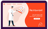 Vector banner illustration of chef cooking at restaurant. Male culinary specialist in uniform and cap fry vegetables in pan. Design template web page cafe, eatery, catering, food delivery advertising