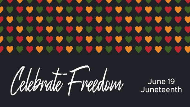 Vector banner Juneteenth - celebration ending of slavery in USA, African American Emancipation Day. Text Celebrate Freedom. pattern with hearts in African colors - red, green, yellow on black background. Vector banner Juneteenth - celebration ending of slavery in USA, African American Emancipation Day. Text Celebrate Freedom. pattern with hearts in African colors - red, green, yellow on black background. juneteenth stock illustrations